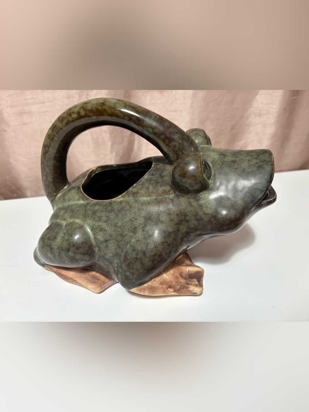 Vtg Ceramic Glazed Stoneware Yard Art Green Frog Pottery Watering Can  Pitcher